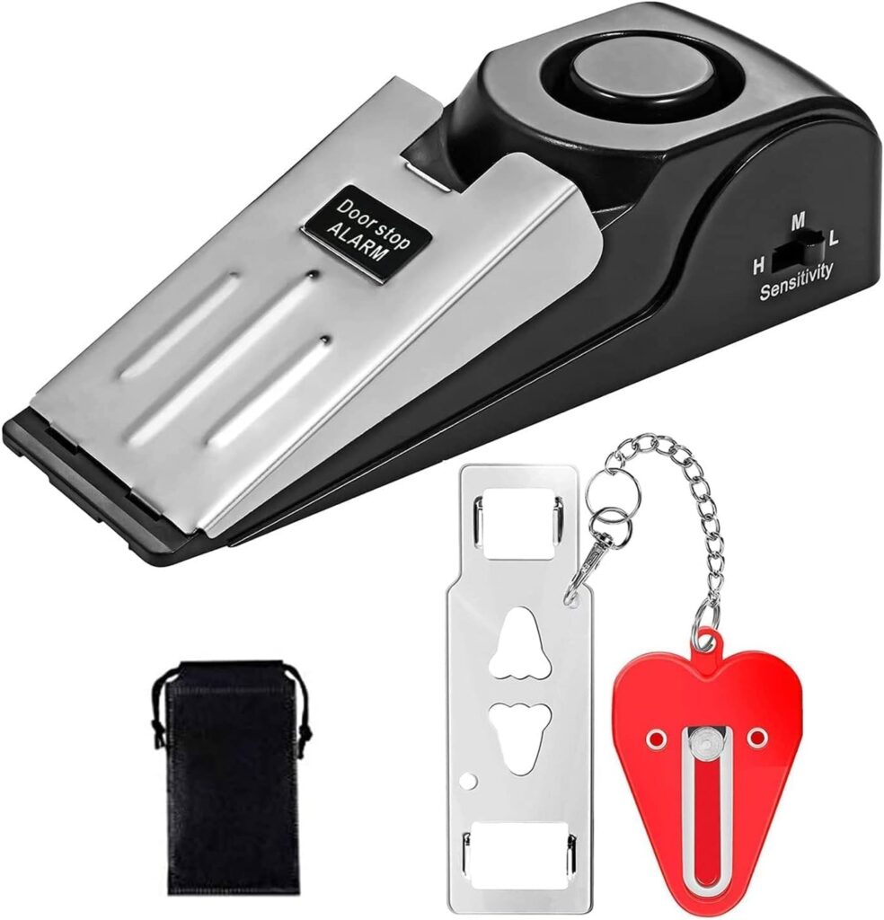 La Alarma de Parada de Puerta 120dB y Cerradura de Puerta Portátil son herramientas esenciales para tu seguridad. Con una alarma de 120dB y una cerradura portátil, este kit ofrece doble protección ajustable. Perfecto para el hogar, hotel o viajes. ¡Protege tu privacidad y tranquilidad!