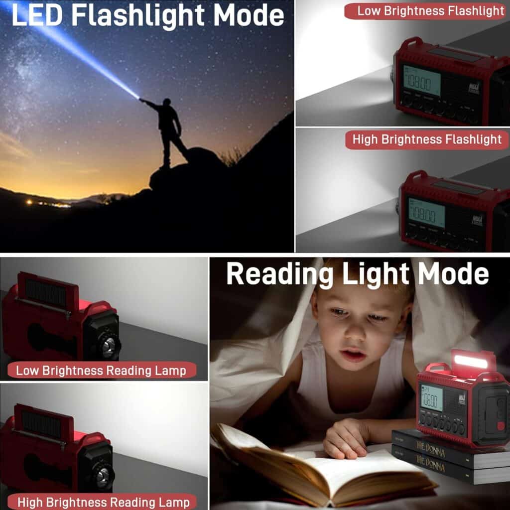 Radio meteorológica de manivela de emergencia, radio portátil con manivela solar 5000 con AM/FM/onda corta/NOAA, linterna LED y lámpara de lectura
